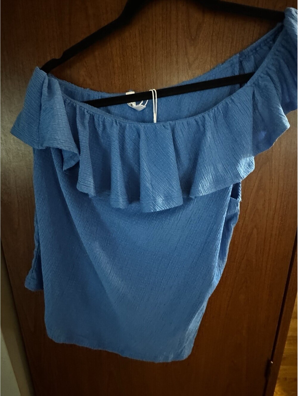 Dokotoo Womens M Blue One Shoulder Ruffle Blouse Asymmetrical Top NWT